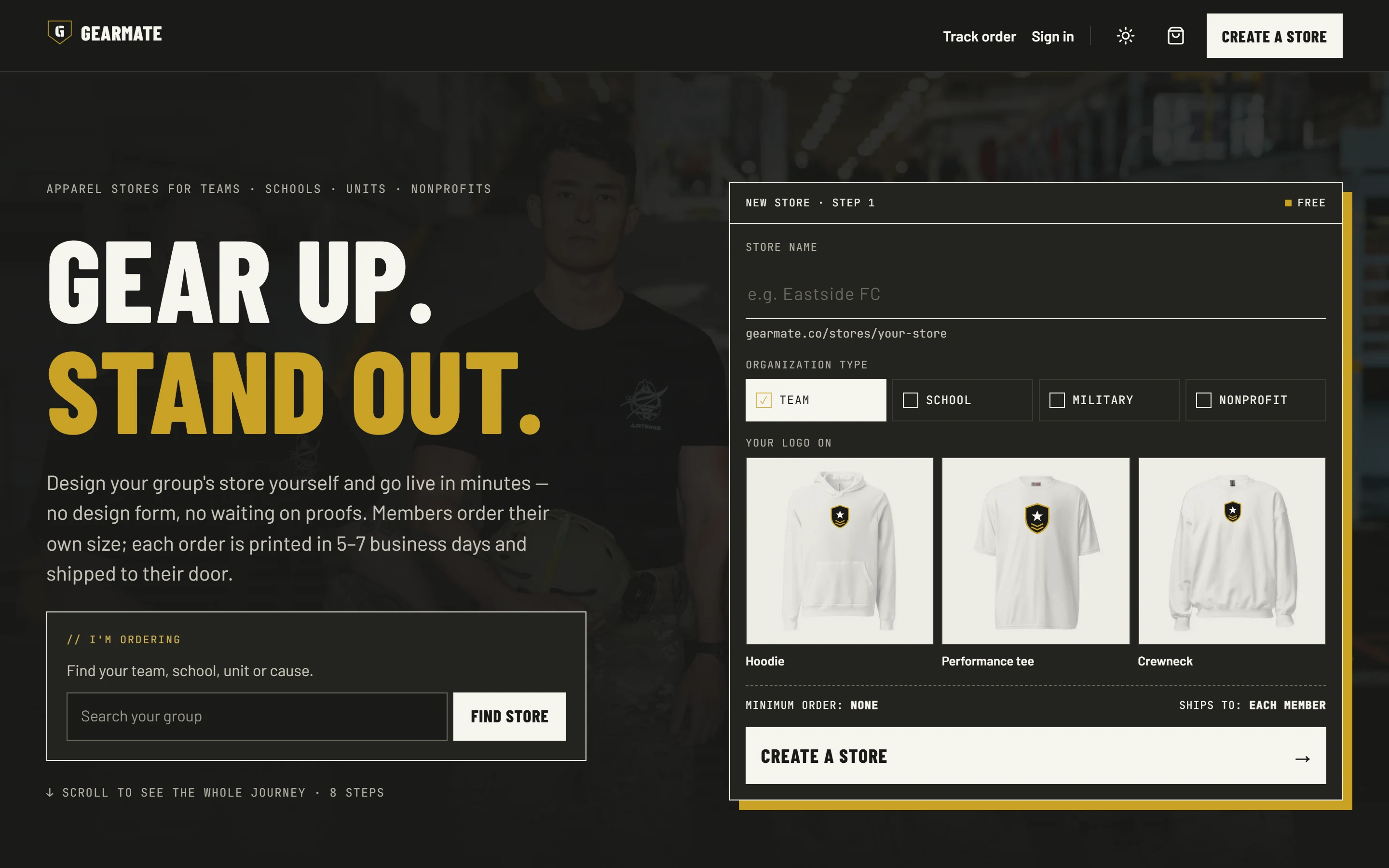 Gearmate custom team apparel store website after its redesign by Longship Studio, an Edmond, Oklahoma web design studio