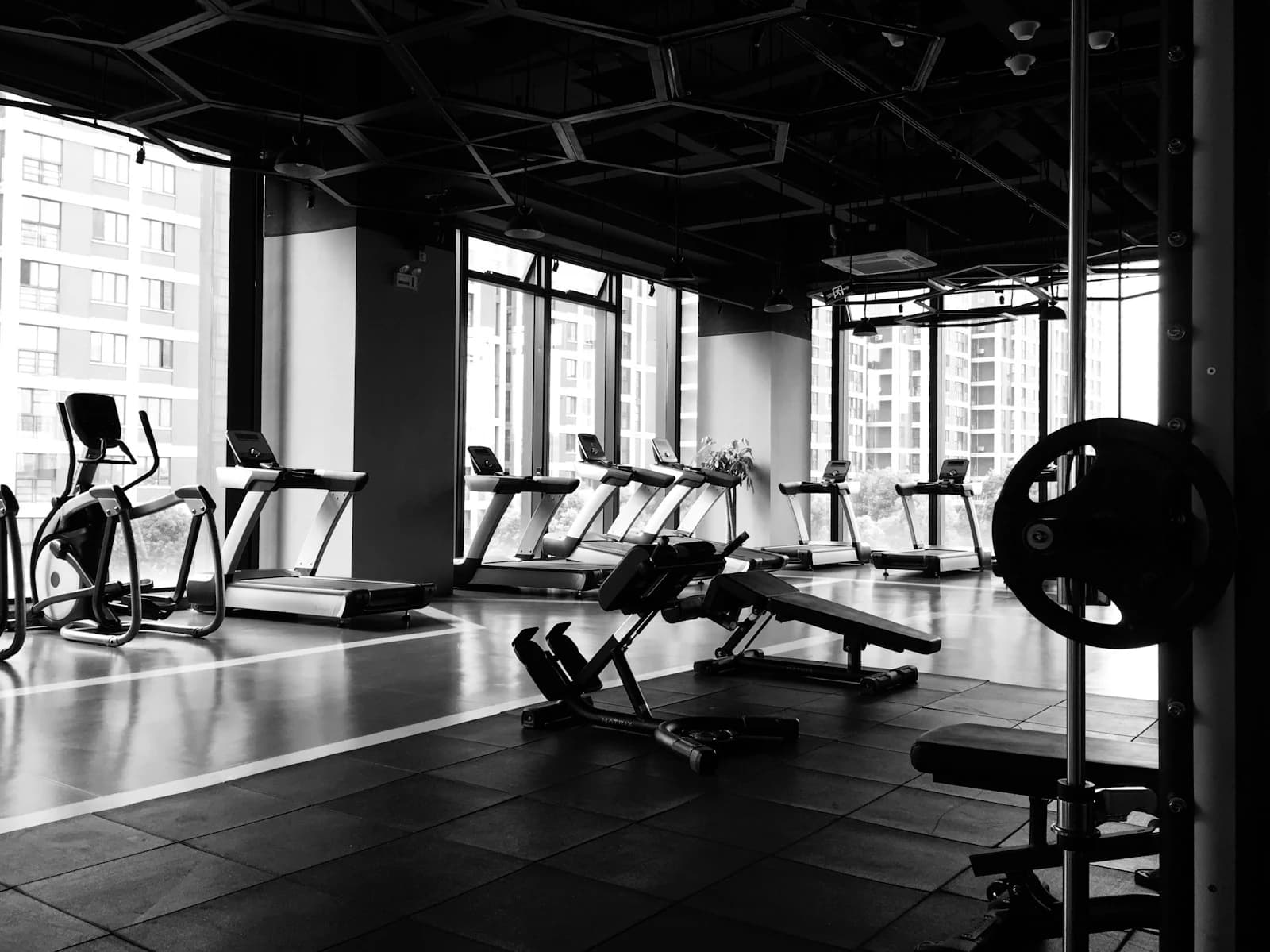 Bright gym training floor with benches and treadmills by tall windows